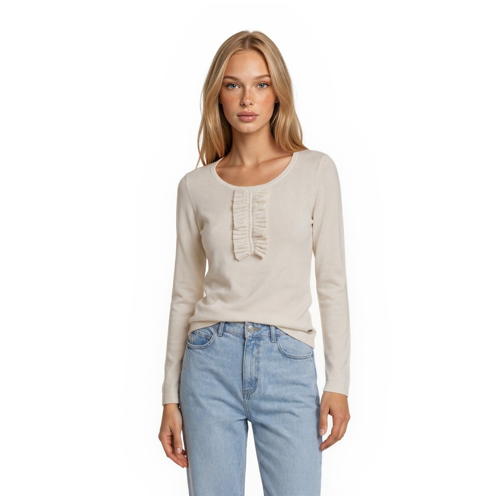 Lacoste Sweater Top Women's Size 38 US‎ S-M Cream Wool Blend Ruffle Scoop Neck